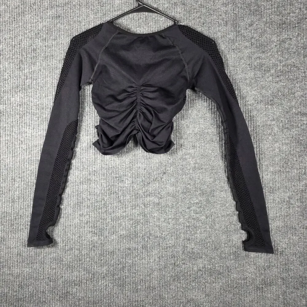 Free‎ People Movement Black Ruched Crop Top Mesh Sleeve XS/S